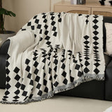 Fennco Styles Diamond Fringe Chenille Reversible Throw Blanket 50" W x 72" L - Black and White Geometric Woven Soft Blanket for Bed, Couch, Sofa, Home, Office and Holidays Décor