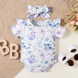 stylesilove Infant Baby Girls Floral Print Short Sleeve Bodysuit & Shorts & Headband 3pcs Set Spring Summer Romper Outfit