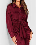 BTFBM Summer Dresses for Women 2025 Long Sleeve Lapel V Neck Button Down Elegant Belted Ruched Satin Shirt Fall Dress