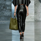 Women's PU Leather Streetwear Pants – Elastic Waist Side Pocket Full Length Trousers