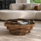 Cloud Shaped Coffee Table with Tempered Glass Top, Walnut Brown
