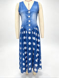 Denim Bodice Polka Dot Chiffon Skirt Sleeveless Midi Dress