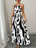 Abstract Print Halter Neck Maxi Dress