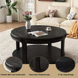31.5-Inch Round Solid Wood Coffee Table, Two-Tier Open Storage, Black