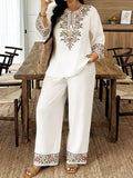 Women’s Ethnic Two Piece Set with Long Sleeve Shirt and Cropped Pants