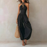Sleeveless Halter Neck Backless High Waist Jumpsuit for Women – Wide Leg Casual
