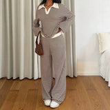 Women's Striped Wide Leg Pants Set – Long Sleeve Polo Crop Top & Trousers