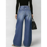 Women's Metal Eyelet High Waist Loose Wide-Leg Jeans – Light Blue, Black, Dark Blue