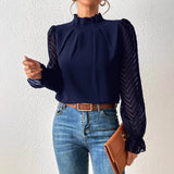 Women's Mock Neck Chiffon Blouse – Wave Pattern Sheer Long Sleeve with Ruffle Cuffs