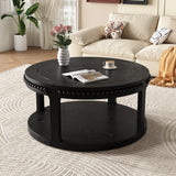 31.5-Inch Round Solid Wood Coffee Table, Two-Tier Open Storage, Black