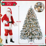 Yaheetech 6ft Snow Flocked Pre-lit Christmas Tree with 250 Warm White Lights, 820 Lush Branch Tips & Quick-Assembly Hinged Design, Full Artificial Xmas Tree for Winter Holiday Décor, Green & White