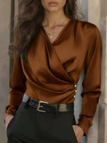 Women's Elegant Cross V-Neck Blouse, Ruffle Detail Button Accent Office Shirt