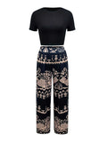 Essnce Women'S Summer Solid Color round Neck Short Sleeve T-Shirt and Flower Printed Wide Leg Pants Casual Two-Piece Set