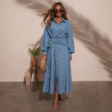 Women's Denim Puff Sleeve Shirt Dress with Belt