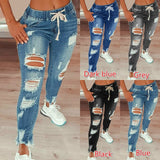 Womens Distressed Ripped Long Denim Pants High Rise Elastic Waist Drawstring Jeans