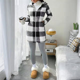 Plaid Hooded Sherpa-Lined Long Coat with Pockets