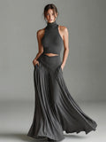 Women's Sleeveless High-Neck Top & Elegant Long A-Line Dress Two-Piece Set