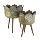 Set of 2 Metal Planter With Wood Legs Stand, L:D18.5x23.5" S:D15.