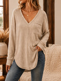 Womens Loose-Fit Pullover V-Neck Long-Sleeve T-Shirt