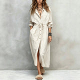 Women's Drawstring Waist Shirt Dress – Long Sleeve A-Line Midi