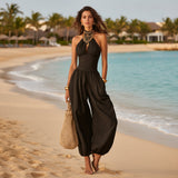 Sleeveless Halter Neck Backless High Waist Jumpsuit for Women – Wide Leg Casual