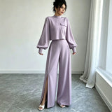 Solid Color Wide Leg Pants Set for Women – Long Sleeve Two-Piece