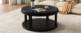 31.5-Inch Round Solid Wood Coffee Table, Two-Tier Open Storage, Black