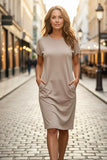Solid-Colour Crew Neck Midi Dress with Pockets