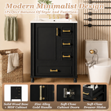 24" Modern Bathroom Vanity with Ceramic Sink, Soft-Close Door, 3 Drawers