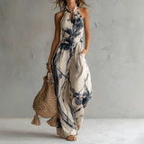 Apricot Ink Print Halter Neck Wide Leg Jumpsuit with Pockets