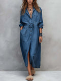 Women's Drawstring Waist Shirt Dress – Long Sleeve A-Line Midi