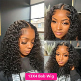 200% Density Short Curly Bob Wig 13x4 Lace Front Wet & Wavy Deep Wave Brazilian Remy Human Hair 4x4 Closure