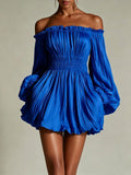 Women's Off-Shoulder Pleated Mini Dress – Smocked Waist & Puff Sleeves