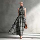 Sleeveless Plaid High Waist Lace-Up A-Line Maxi Dress for Women – Black & White Check