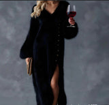 V-Neck Loose Button Slit Dress – Long Sleeve Midi