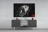 Black and White Roaring Lion Glass Wall Art