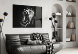 Black and White Roaring Lion Glass Wall Art
