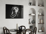 Black and White Roaring Lion Glass Wall Art