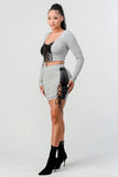 Size Small Cropped Long Sleeve Shirt With Pu Leather Detail Matching Mini Skirt
