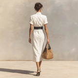 High Waist Shirt Maxi Dress for Women – Solid Color Button Cuff Long Dress