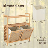 Double Tilt-Out Laundry Hamper with 2 Shelves - Natural Bamboo