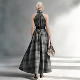 Sleeveless Plaid High Waist Lace-Up A-Line Maxi Dress for Women – Black & White Check