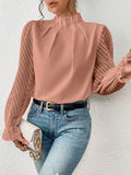 Women's Mock Neck Chiffon Blouse – Wave Pattern Sheer Long Sleeve with Ruffle Cuffs
