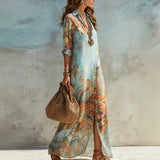 Women's Floral Print Chiffon Turn-Down Collar Split Maxi Dress | Resort Beach Dress