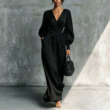 Women's Deep V-Neck Pleated Bishop Sleeve Smocked Waist Maxi Dress