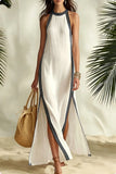 Striped Sleeveless Split Maxi Dress – Vacation & Casual Linen Dress