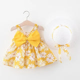 Luxury Modern Elegant Summer Bow Print Dress With Hat 2 piece Baby Clothes Suits Newborn Toddler Dress