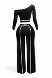 Off Shoulder Long Sleeve Top with Wide Leg Pants