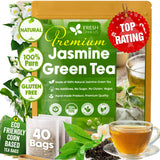 Premium Jasmine Green Tea Bags. Jasmine Green Herbal Tea. Made with Natural Material Tea Bags. No Sugar, No Gluten, Vegan.