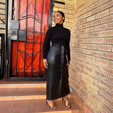 Women Clothing Autumn Winter Mid-Length Black Faux Leather Bag Buckle Slit Leather Skirt Containing Belt